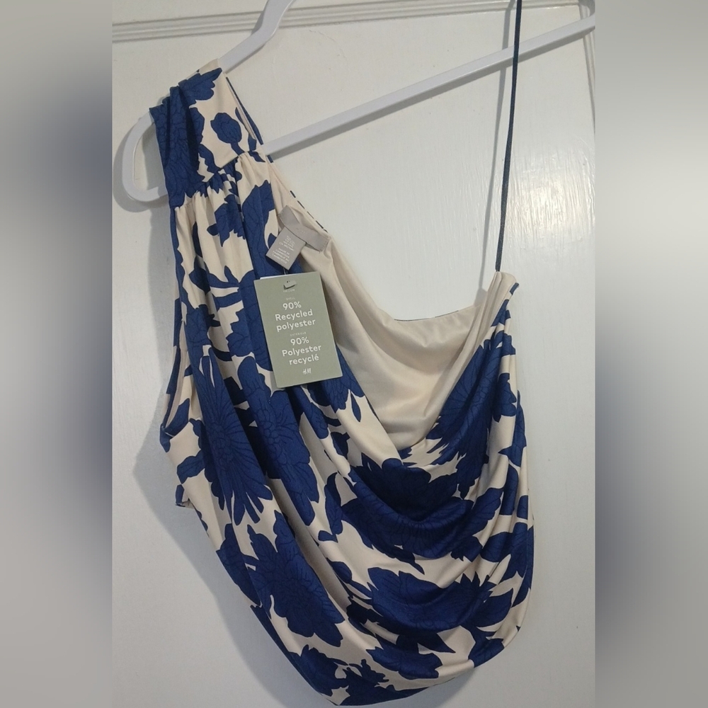 H&M Blue and Cream Floral One Shoulder Crop Top NWT